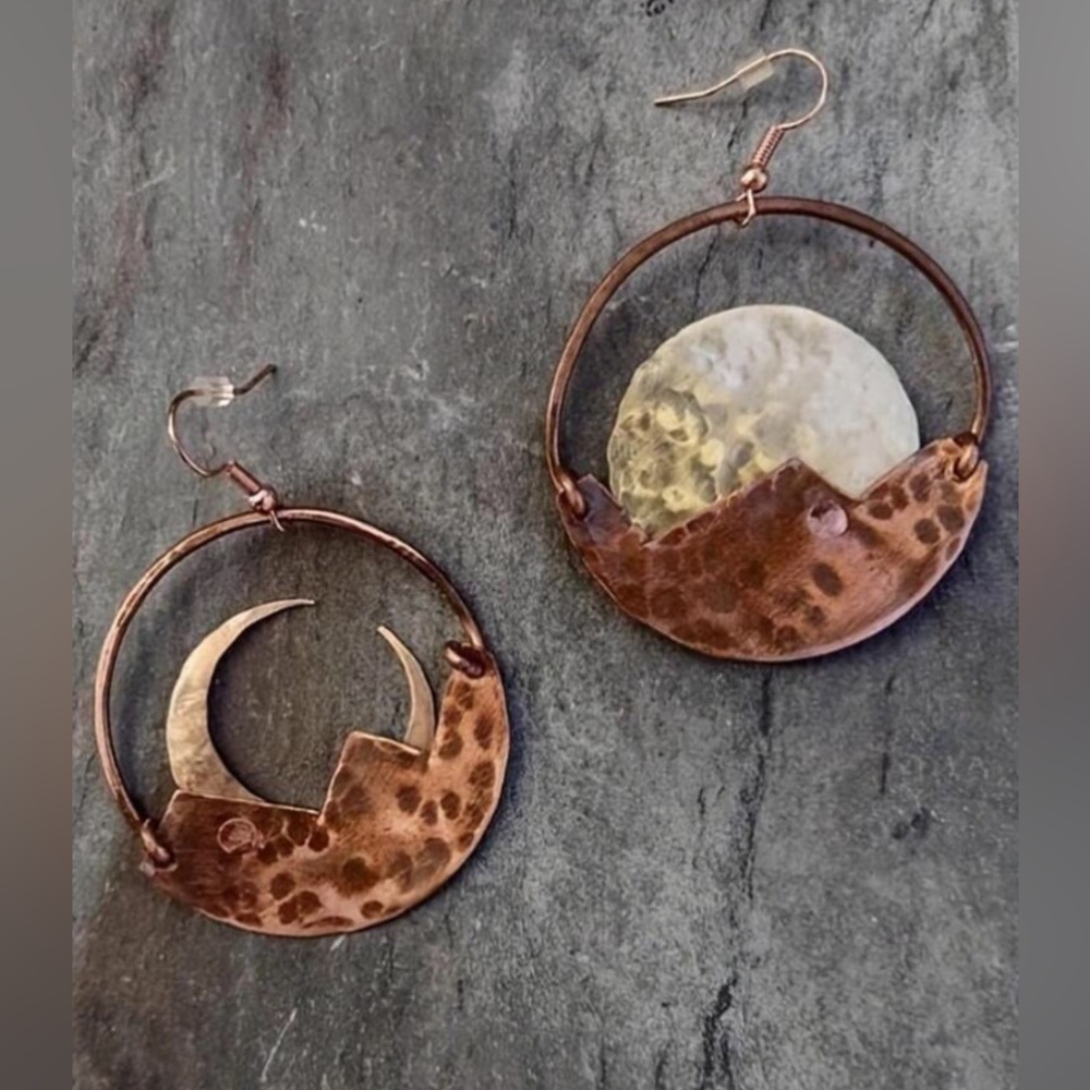 ✨(3for$38)  New Sun & Moon Mismatched Copper Cutout Drop Dangle Earrings